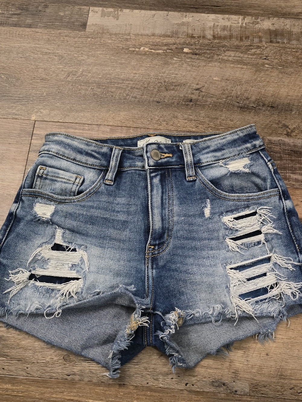KanCan Distressed Light Blue High-Rise Ripped Denim Shorts - Picture 1 of 3